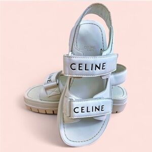 Celine Leo white leather sandals with adjustable straps